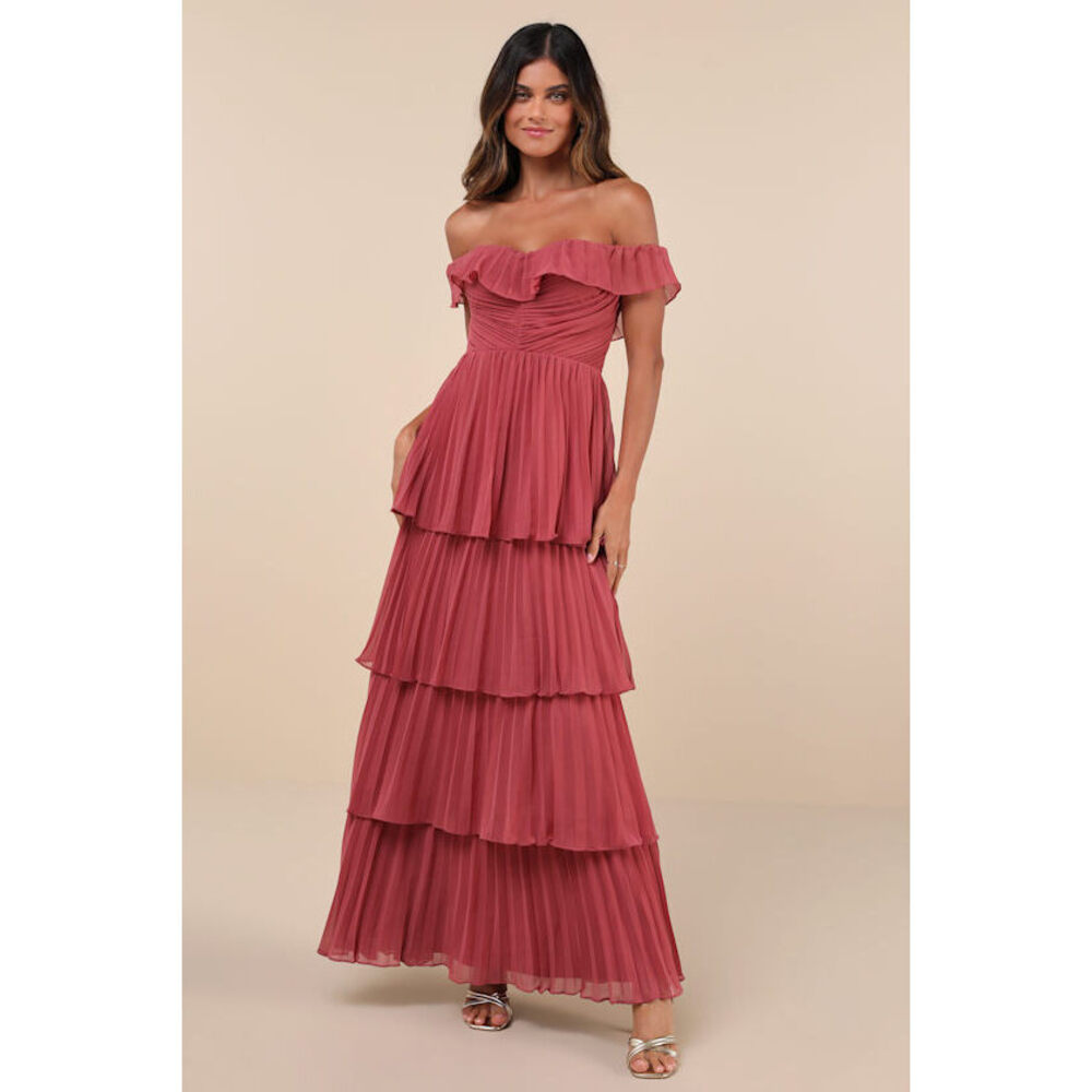 NWT Lulus Always Remarkable Rusty Rose Pleated Off-the-shoulder Maxi Dress Pink